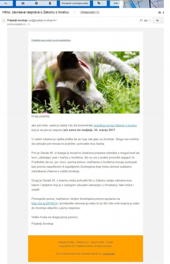 Poziv koji su Prijatelji životinja slali e-poštom svim aktivistima da se uključe u raspravu na e-Savjetovanju.